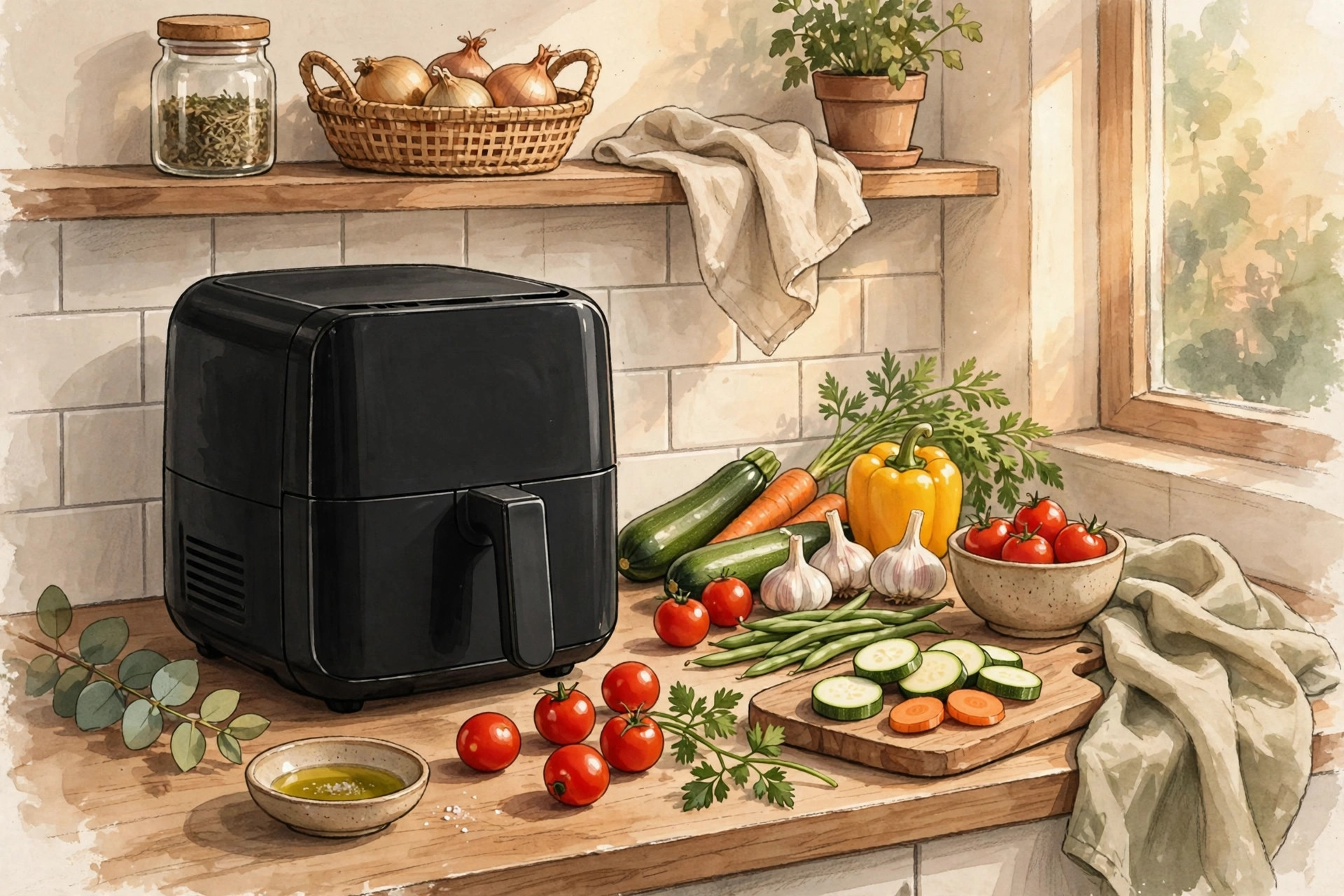 A compact air fryer on a small kitchen counter