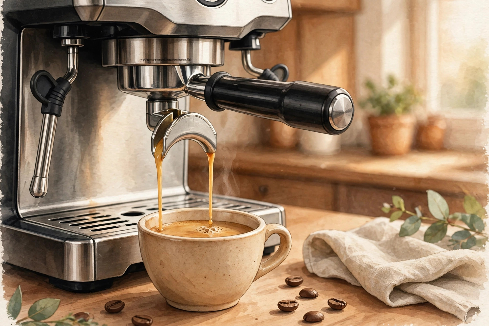 A home espresso machine pouring a shot into a small cup