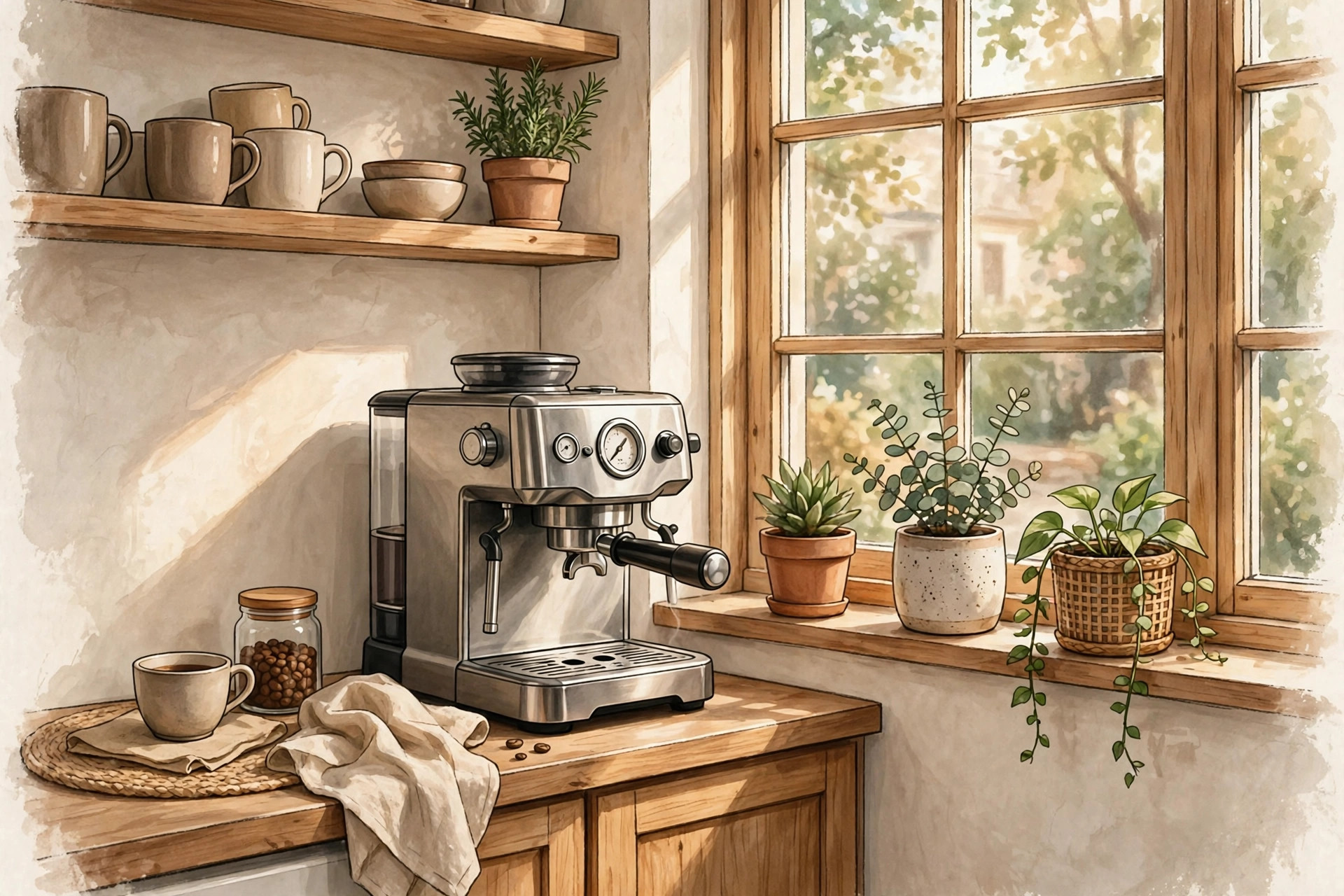 A cozy small apartment kitchen with an espresso machine on the counter in warm morning light